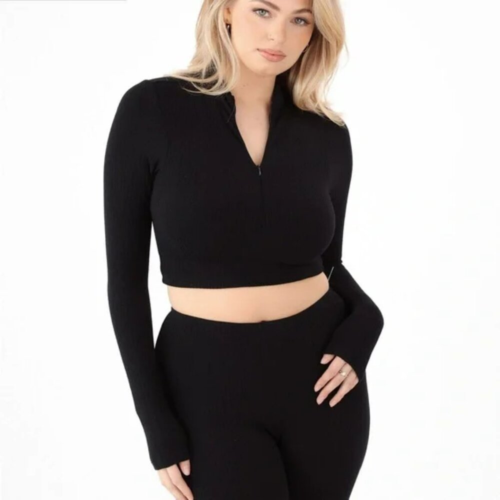 Klassy Network Black Soft Ribbed Long Sleeve Half Zip Brami Top